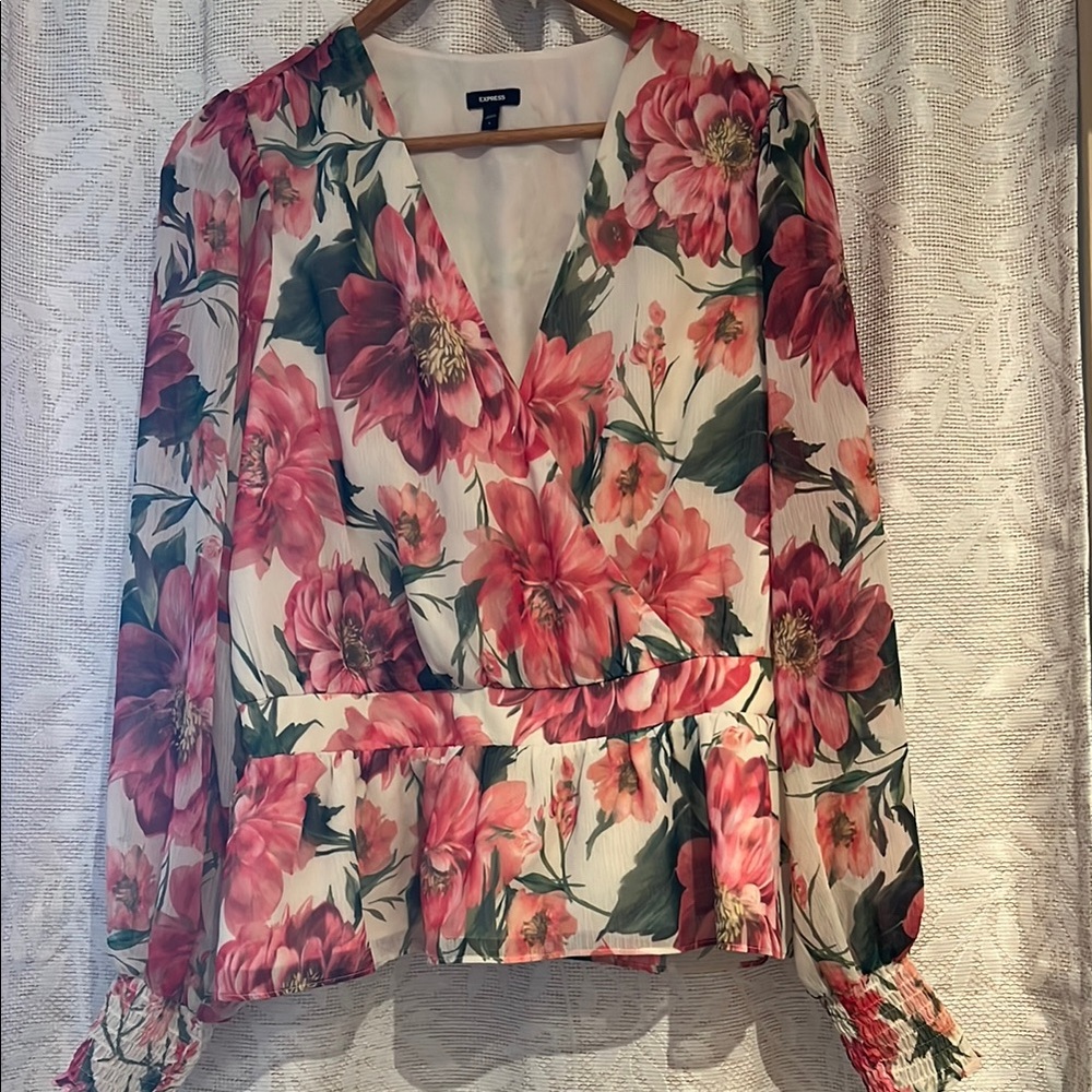 Express Cream and Pink Wrap Peplum Blouse with Long Sheet Sleeves